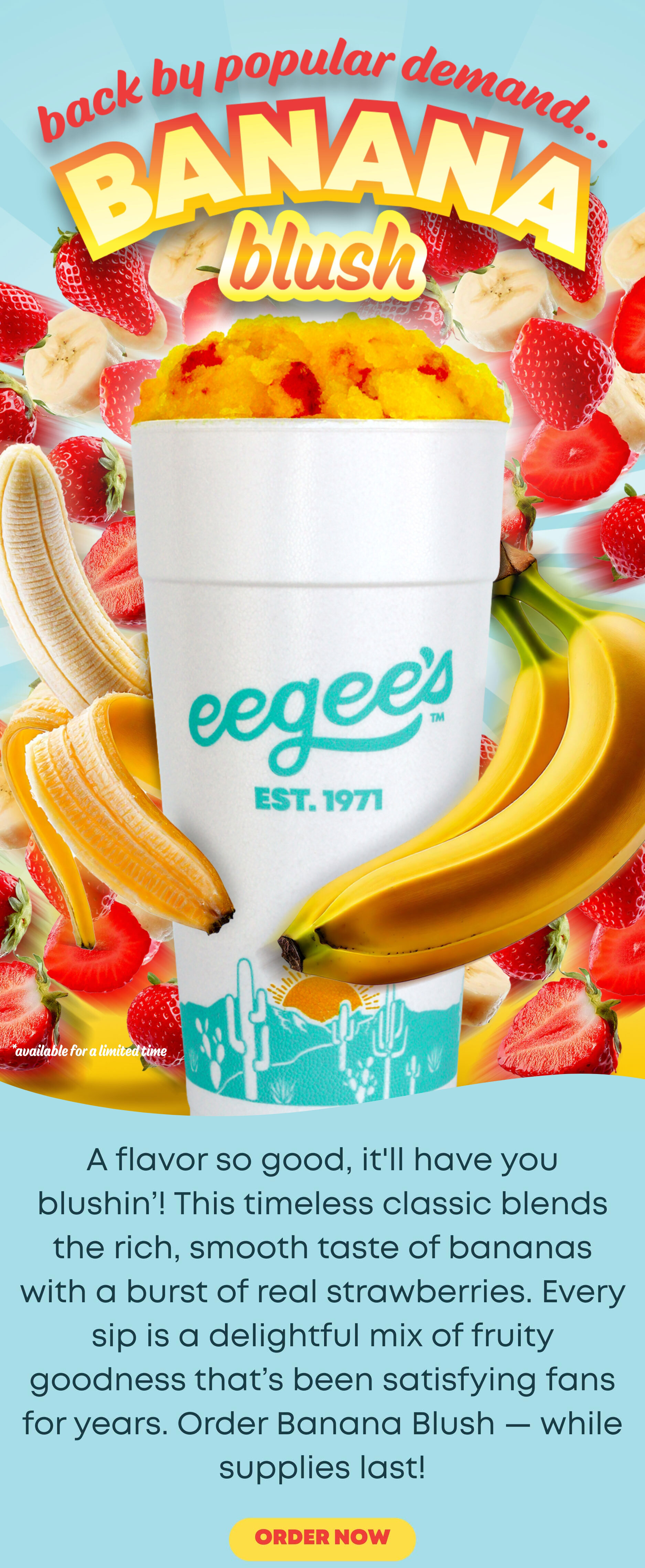 A picture of a Banana Blush flavored frozen drink.